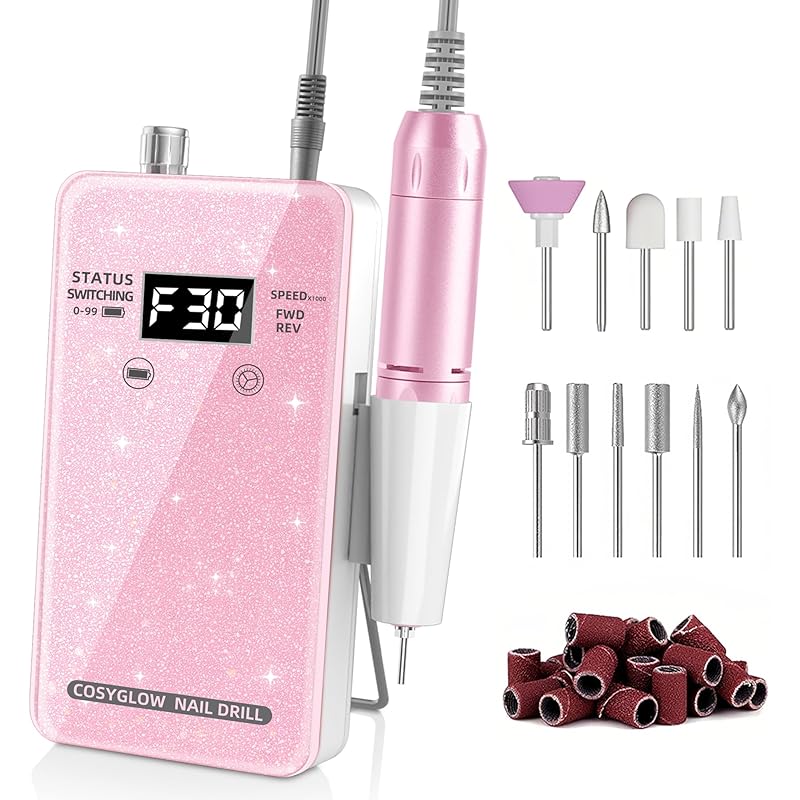 Professional Electric Nail Drill File:COSYGLOW Glitter Portable Cordless E-File Nail Drill Kit with 11 Drill Bits,30000 RPM Rechargeable Nail Drills розовый