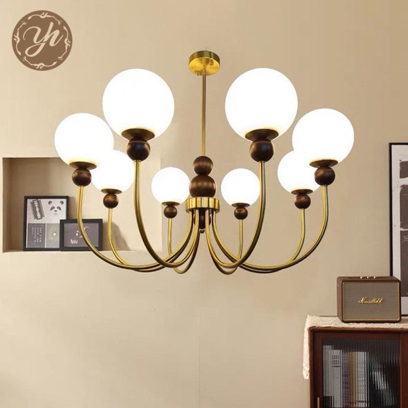 Mid-Century Magic Bean Solid Wood Chandelier: French Retro Light for Living Room or Bedroom.