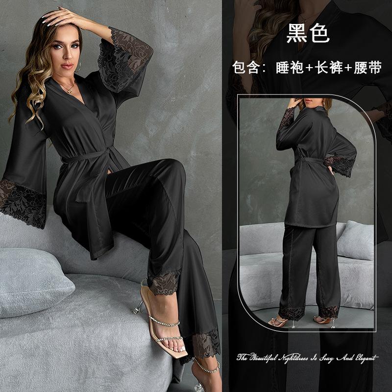 

Новая мода с длинным рукавом пижамы сексуальные брюки из двух частей удобная атласная кружевная одежда для сращивания L