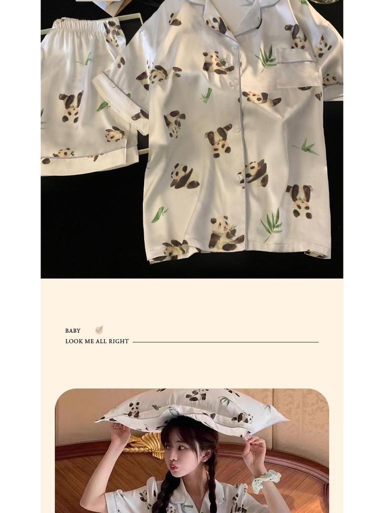 Summer Ice Silk Pajama Set: Cartoon Little Panda Short Sleeve & Shorts for Women