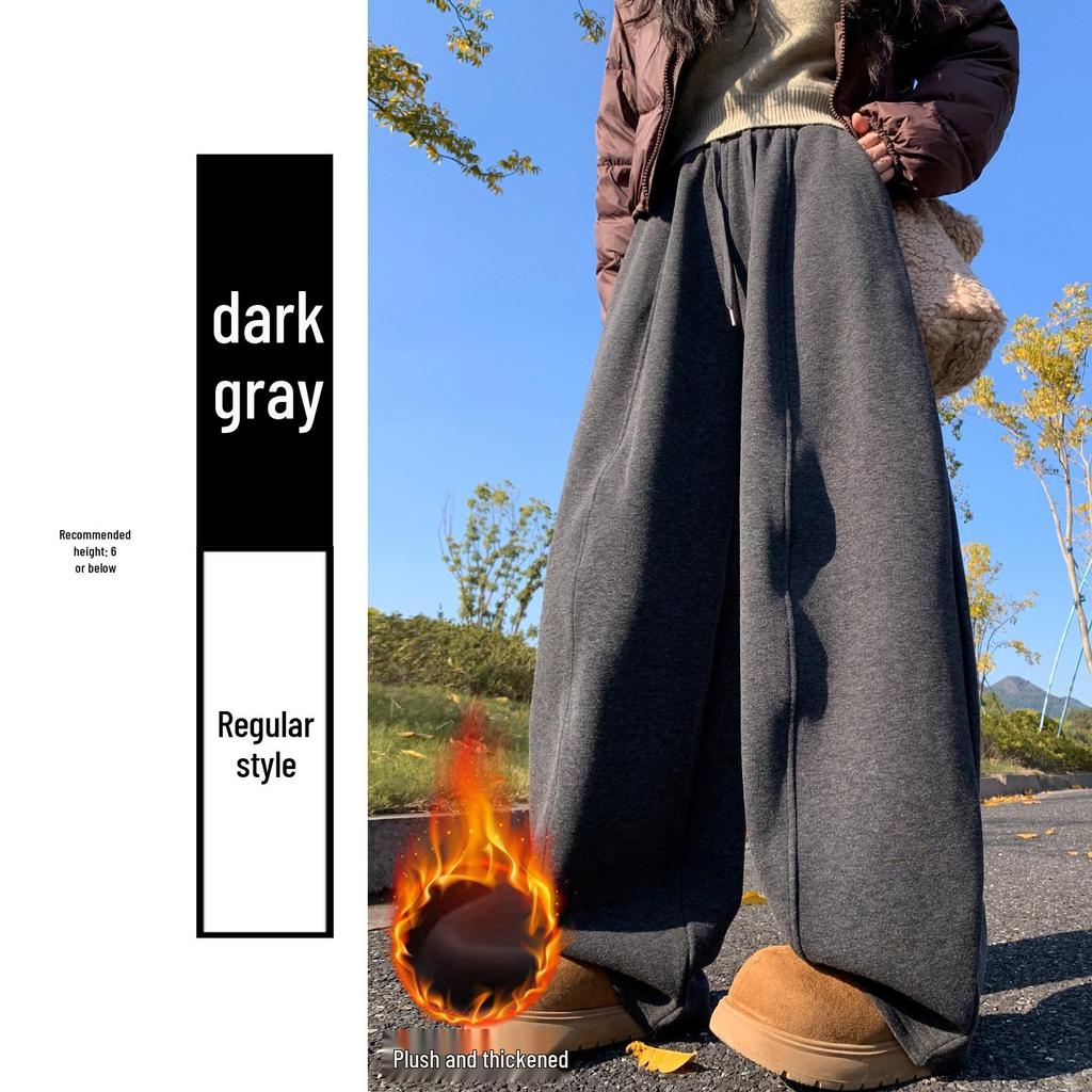Damen Leichte Graue Koreanische Drapierte Sense-Hose - Hoher Bund, Schlankmachend, Weiter Bein, Gerades Bein Sporthose für Frühling und Herbst