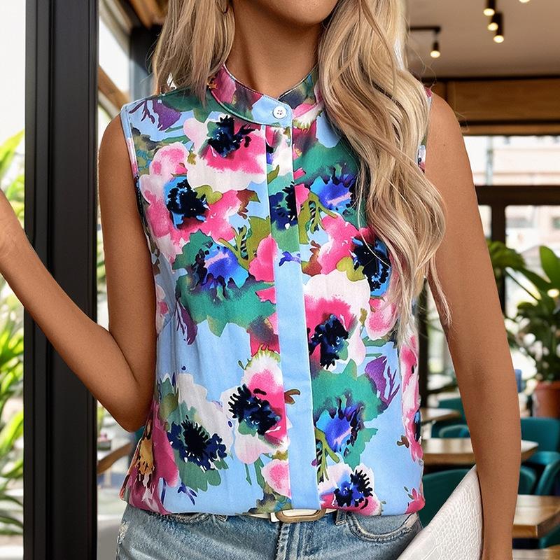 Women's Fashion Casual Summer Spring Flower Pattern Print Sleeveless Stand-collar Blouses & Shirts