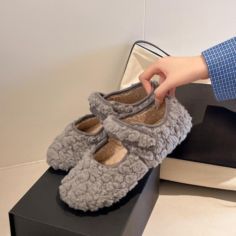 Fashion Autumn Woolen Fur Women Warm Cotton Flats Shoes Concise Outdoor Soft Sole Shoes Ladies Comfort Mary Jane Shoes