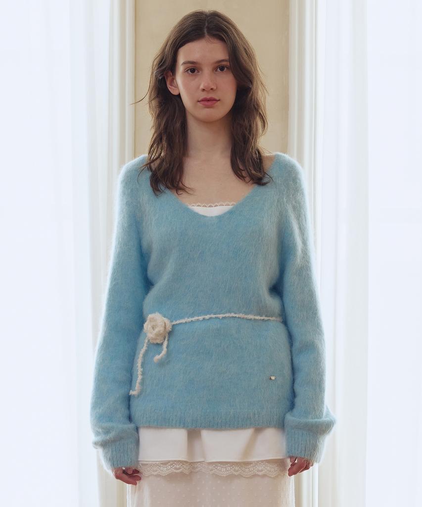 AFTERHOURS Deep V-Neck Alpaca Wool Knit Top (Sky Blue)
