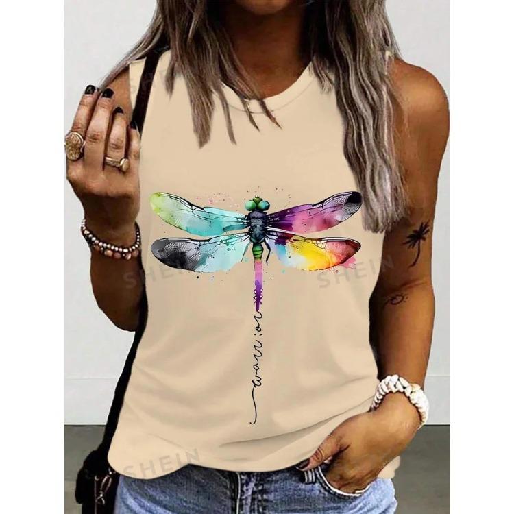 Butterfly Dragonfly Pattern 3D Print Women's Tank Tops Summer O-Neck Casual Vest Off Shoulder Sleeveless Top