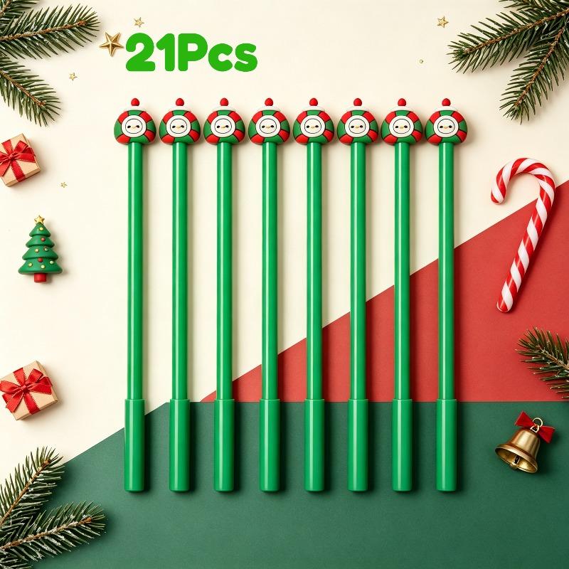 21Pcs Back To School Season Stationery, Cute Cartoon Christmas Topper Writing Pen for Students, Green Slim Body Design Decorative Pen, Ideal School