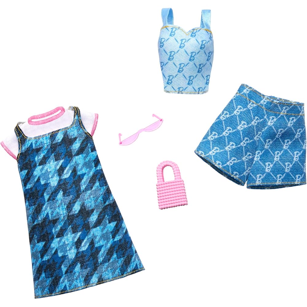 

Barbie Fashion 2-Pack Denim Dress and Outfit Set Clothes & Accessories for Dolls Ages 3 and Up Blue HRH45
