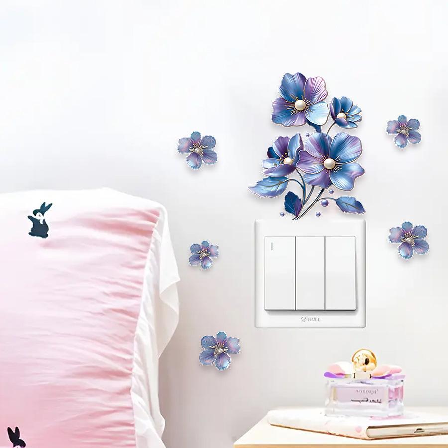 Realistic Blue Botanical Floral Switch Stickers, Self-Adhesive Decor for Room Outlet Wall Decoration