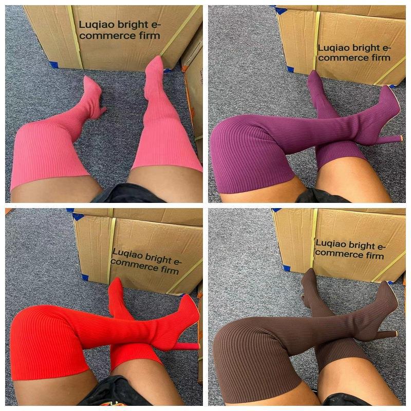 Cizme de lână tricotate cu toc înalt peste genunchi pentru femei, toamnă/iarnă