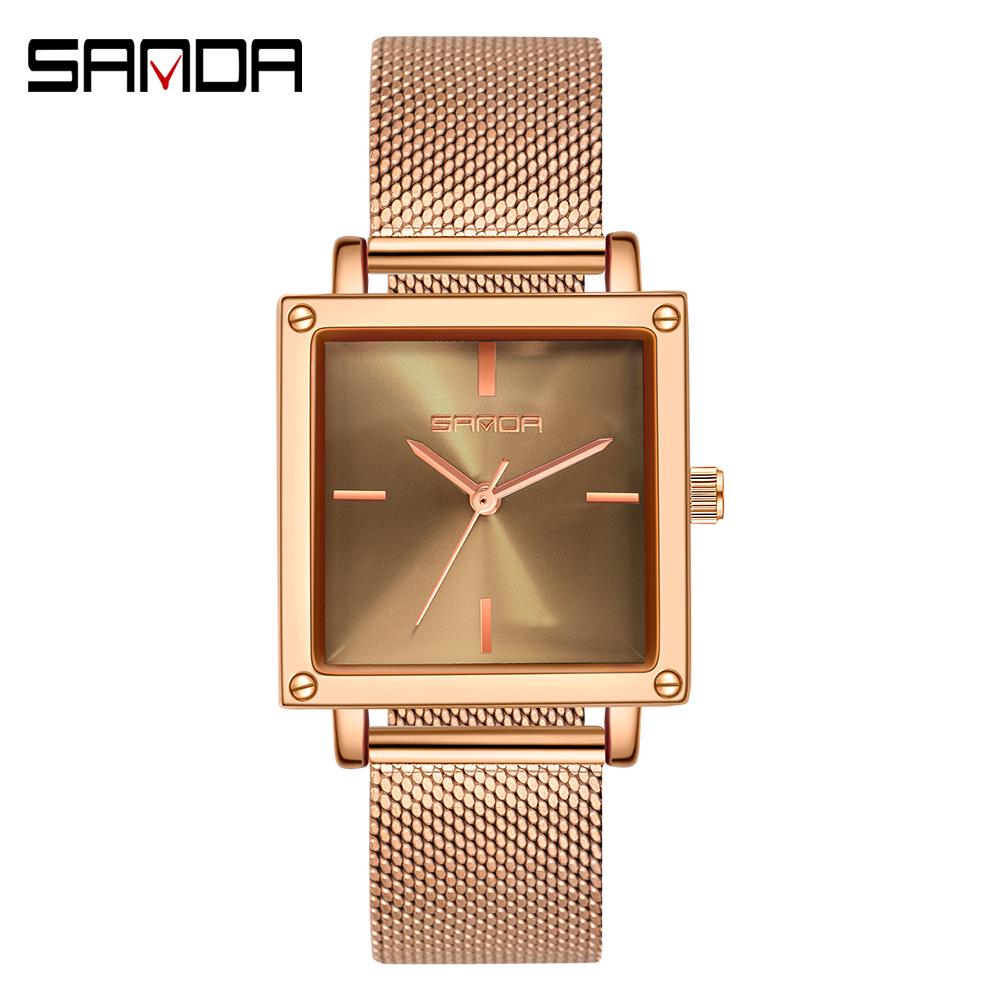 Sanda Women's Retro Leather & Mesh Strap Casual Wristwatch