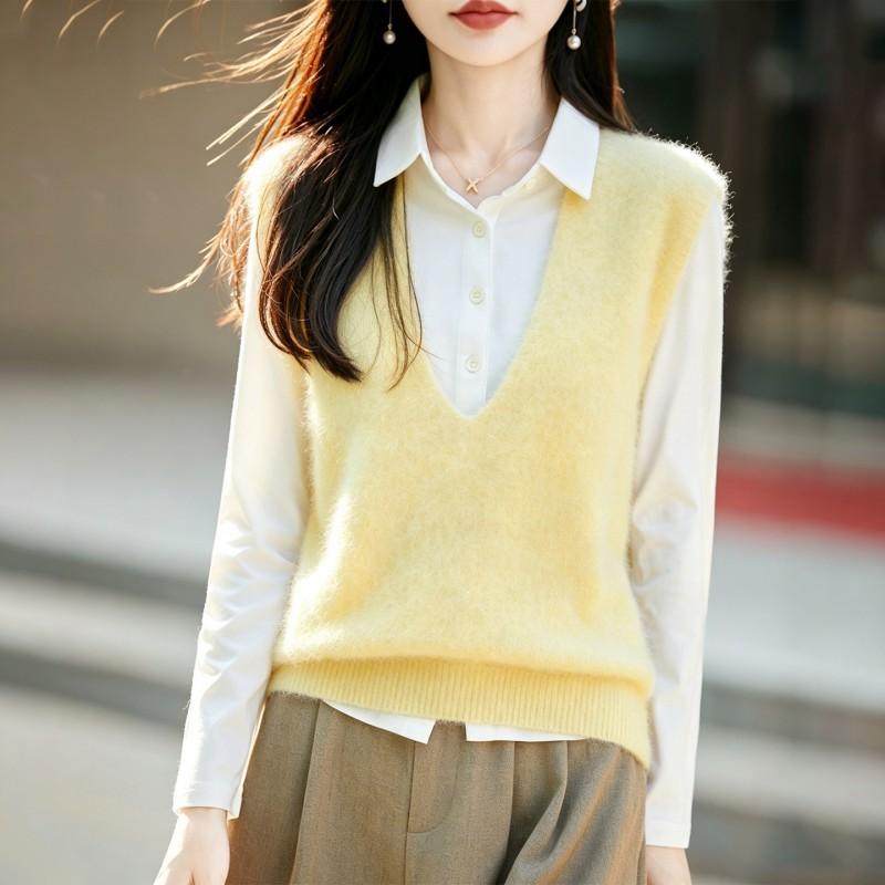 2026 Fall Womens V-Neck Knit Vest Silk Cashmere Wool Blend Sleeveless Top Solid Color Loose Fit