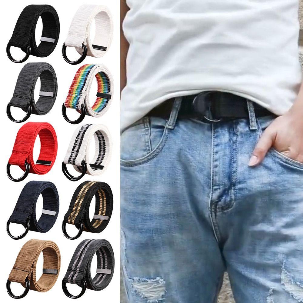 Women Simple Black Buckle Double Ring Waistband Weave Waist Band Nylon Braided Belt Canvas Strap