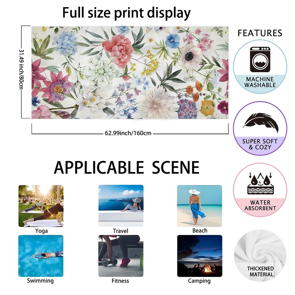 1Pc Colorful Flowers Pattern Beach Towel, Sand Free, Quick Dry, Lightweight, Large Size, For Swimming, Bathing, Outdoor, Travel