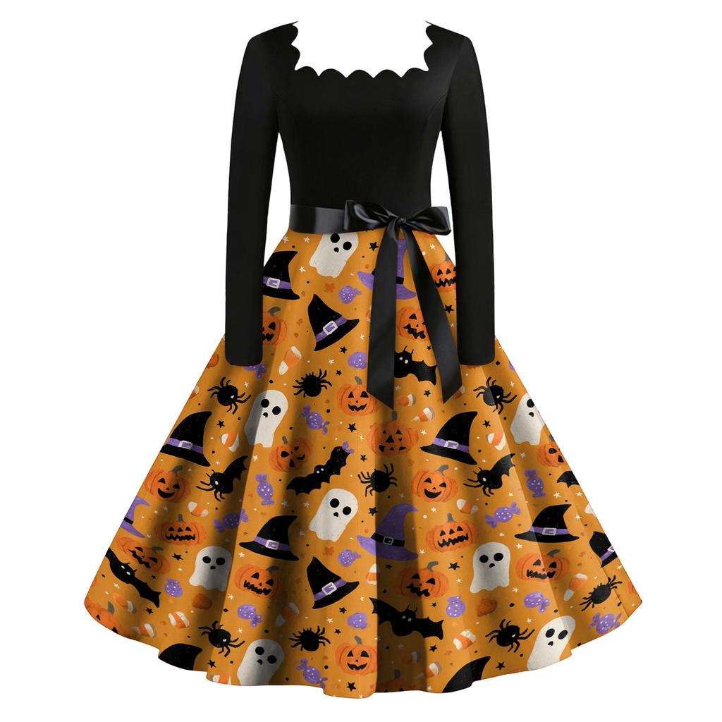 Women Vintage Long Sleeve Square Neck Halloween Print Party Dress Retro Style Full Skirt with Waist Tie Belt