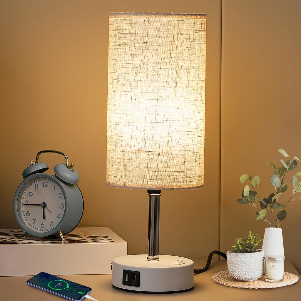E27 bulb desk lamp with USB port circular linen lampshade suitable for bedroom bedside table decoration light without bulb