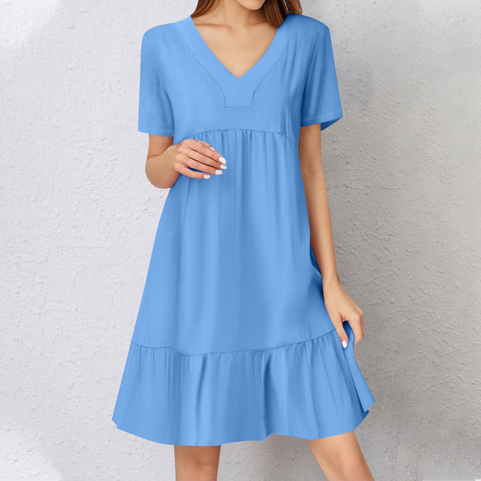 

Женское летнее платье с коротким рукавом и V-образным вырезом, короткие платья, модное повседневное струящееся бохо-платье с оборками, А-силуэт, свободное платье-халат XXL синий