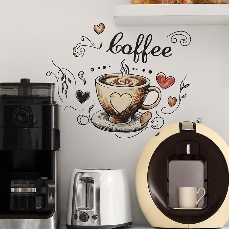 Self-adhesive Coffee Cup Pattern Wall Stickers DIY Wall Decoration for Living Roon Kitchen Office Cafe Background Decoration