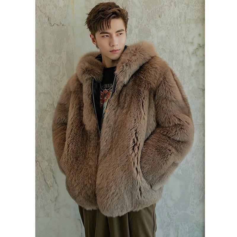 Herren Pelzmantel neuer Imitation Fuchsfell kurz Herbst und Winter warmer Mantel Kapuzenjacke Winter