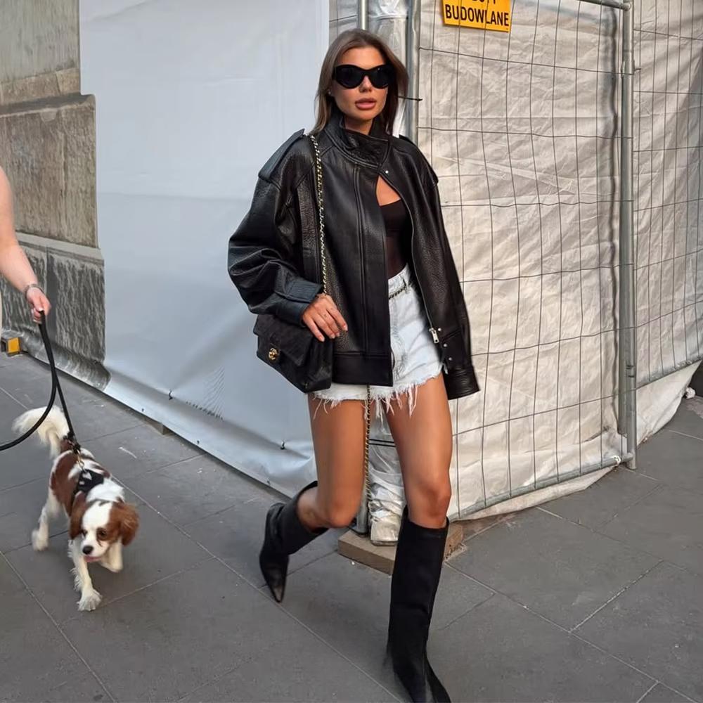 VAYLA Lässige Chic Schwarze Lederjacken Damen Langarm Knöpfe Elastische Übergroße Mäntel Mode Herbst Streetwear Mäntel