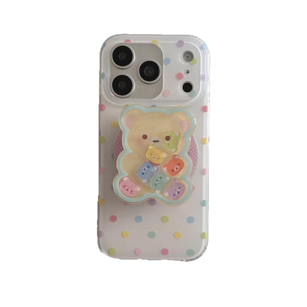 Colorful Polka Dot Bear Stand Case for iPhone 15/14/16 17ProMax