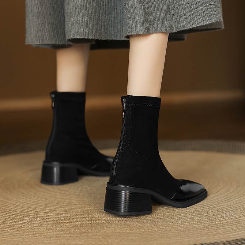 Krazing Pot Microfiber Flock Winter Square Toe Modern Size 33 Boots Size 43 Zipper KPOP Style Fashion Stretch Ankle Boots