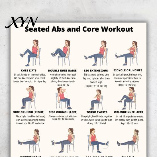 Seated Exercise Guide 2 Sheets Core Poster, Chair Workout Chart for Portable Reference Abs, Home Gym Wall Art, Strength Training Seniors