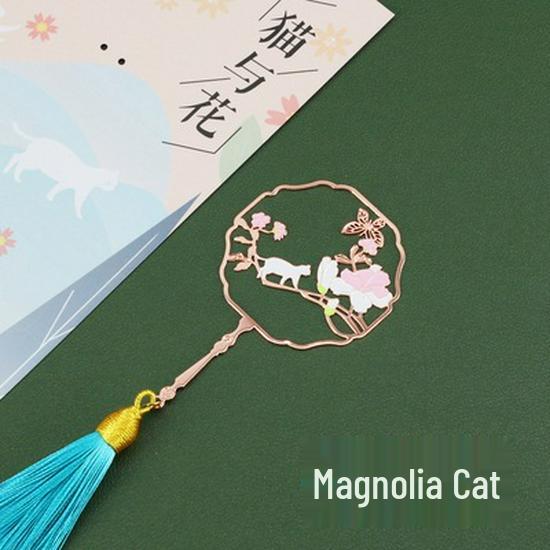 Chinese Style Cat & Flower Metal Bookmark - Peach Blossom & Magnolia Art