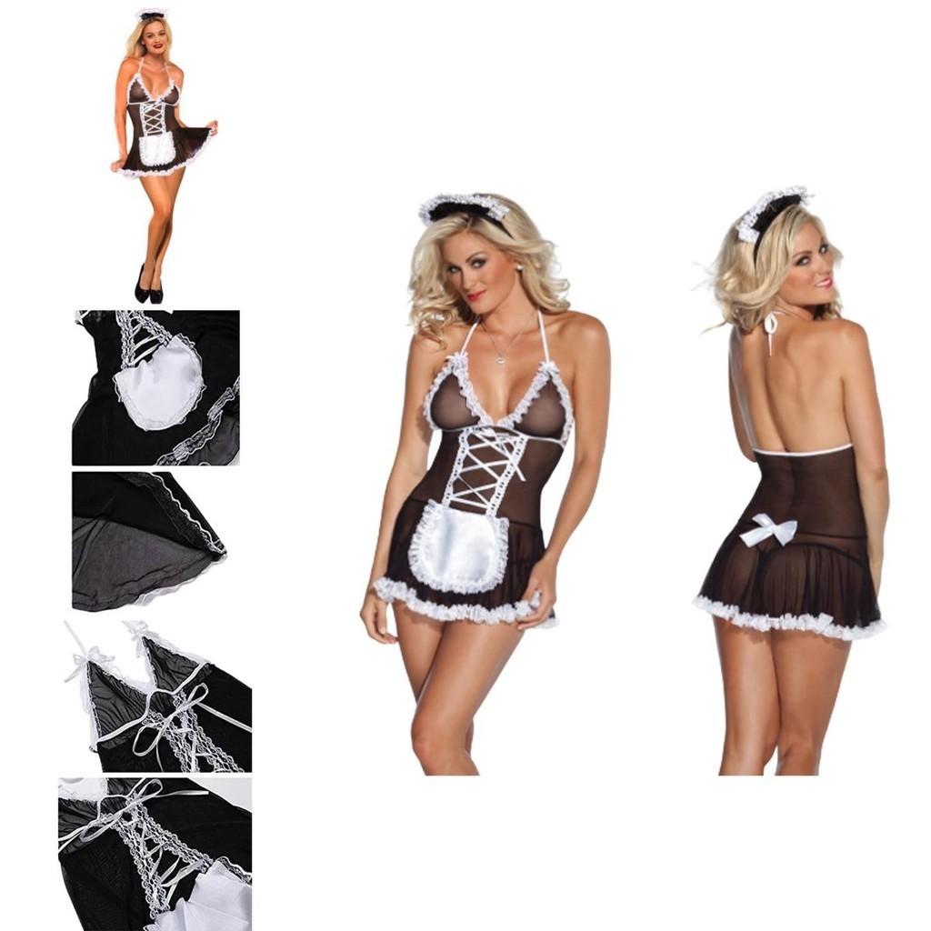 Sexy Lace Lingerie French Maid Cosplay Costume Set Halloween Party Outfit