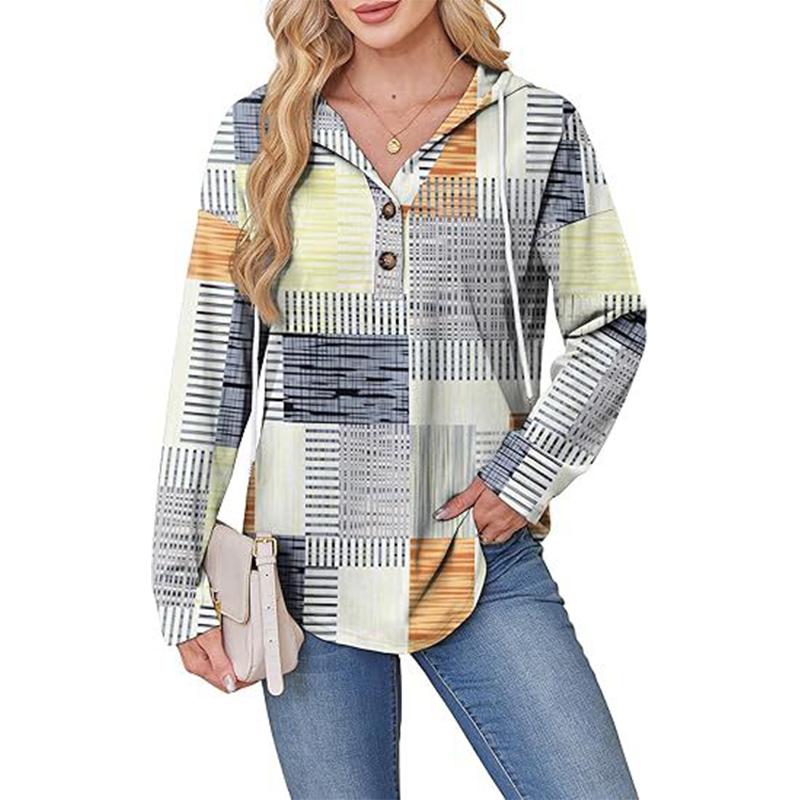 Felpa con cappuccio a quadri da donna, scollo a V, dettaglio bottoni, pullover, manica lunga, top casual