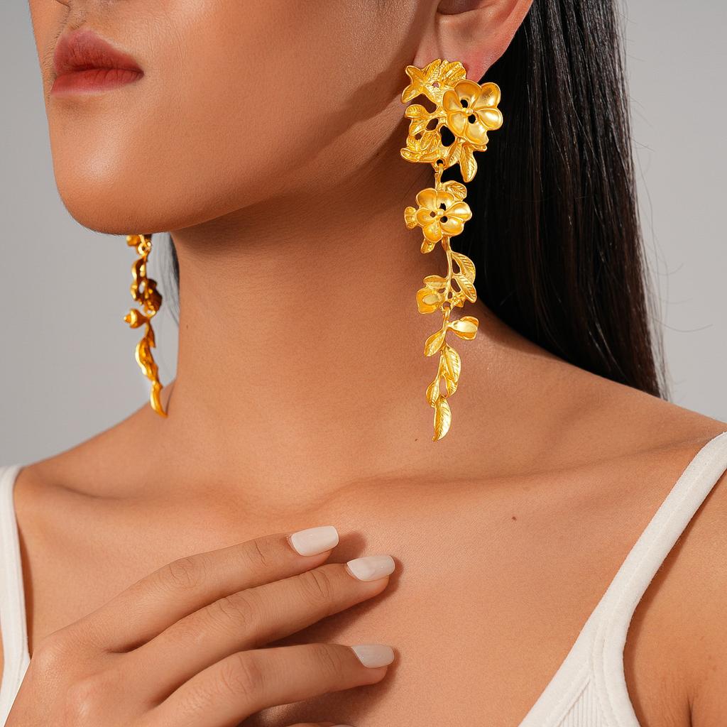 Metal flower leaf silver needle earrings exaggerated personality court style environmental protection earrings