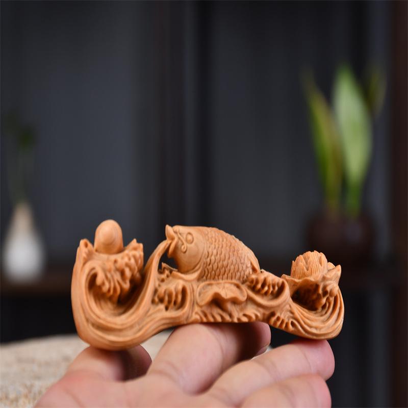 Solid Wood Carving Ruyi Fish Sculptures and Figurines Lucky Small Animals Cute Home Room Office Table Decoration and Accessories