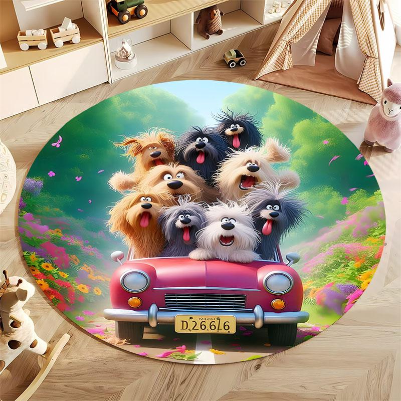 Joyful Dogs on Car Adventure Carpet round rug perfect for kids, ideal for children's rooms, round carpet for home sofa bedroom