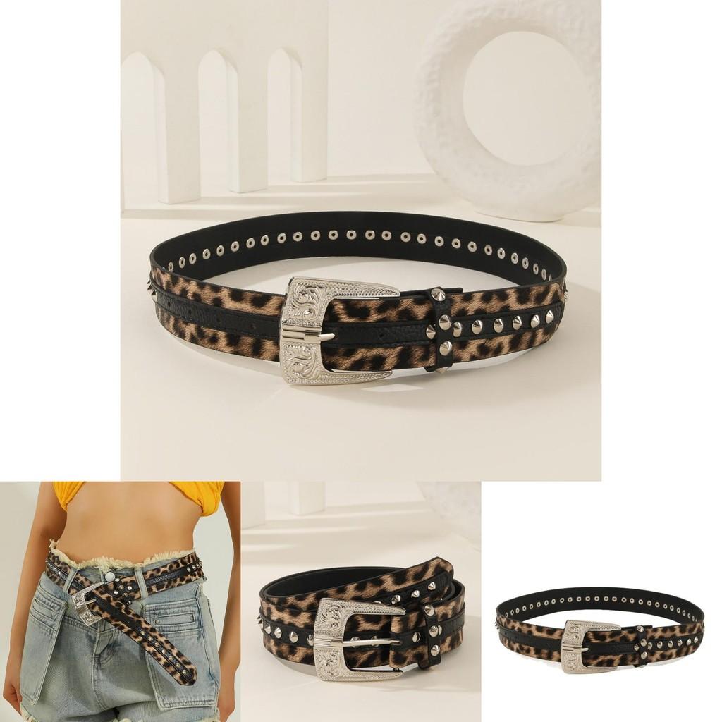 Fashion Leopard Print Pattern Rhinestone Metal Buckle Decoration Women Wide Belt For Streetwear Fashion