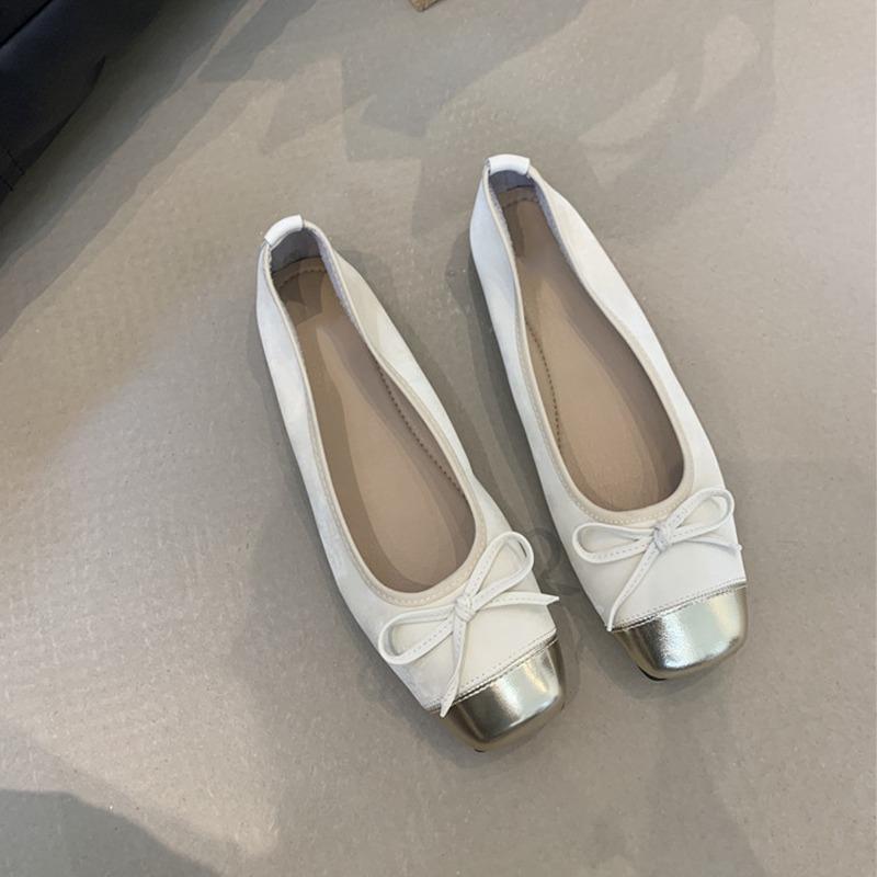 Fashion Bow Light Mouth Ballet Single Shoes Women's New Soft Leather Square Head Flats