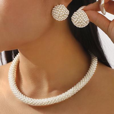French Temperament Elegant Pearl Earrings Necklace, Banquet Wedding Bridal Jewelry Set