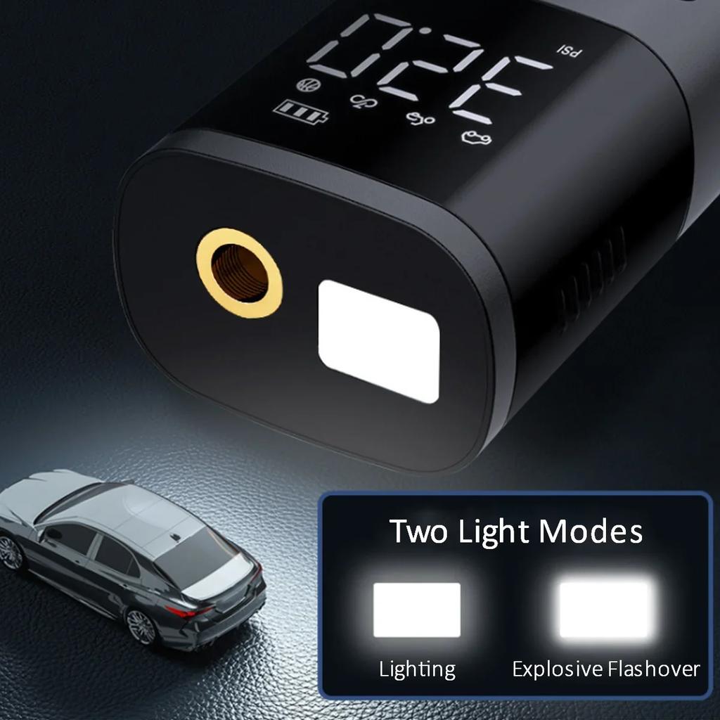 Tyre Inflator With LED Light 2000mAh Rechargeable Tire Air Compressor With Digital Display Automatic Shut Off Electric Tyre Pump