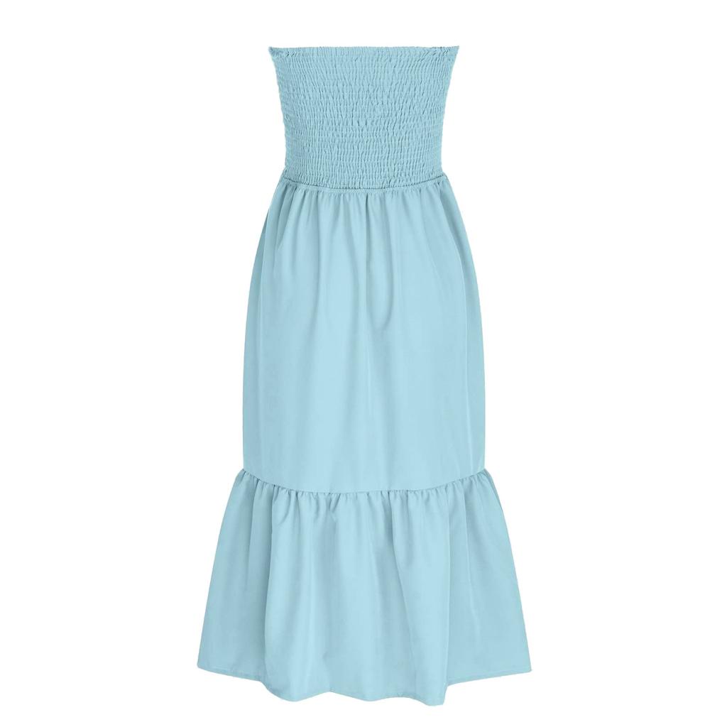 Strapless Dress For Women Color Summer Beach Boho Smocked Tube Top Long Dress