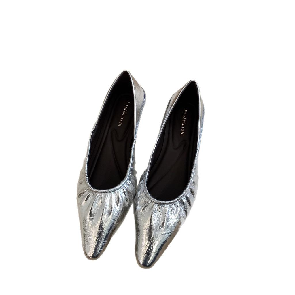 Inner Heightening Pointed Leopard Print Single Shoes Women's Shoes 2025 New Summer Silver Temperament Folds with Skirts Evening Shoes