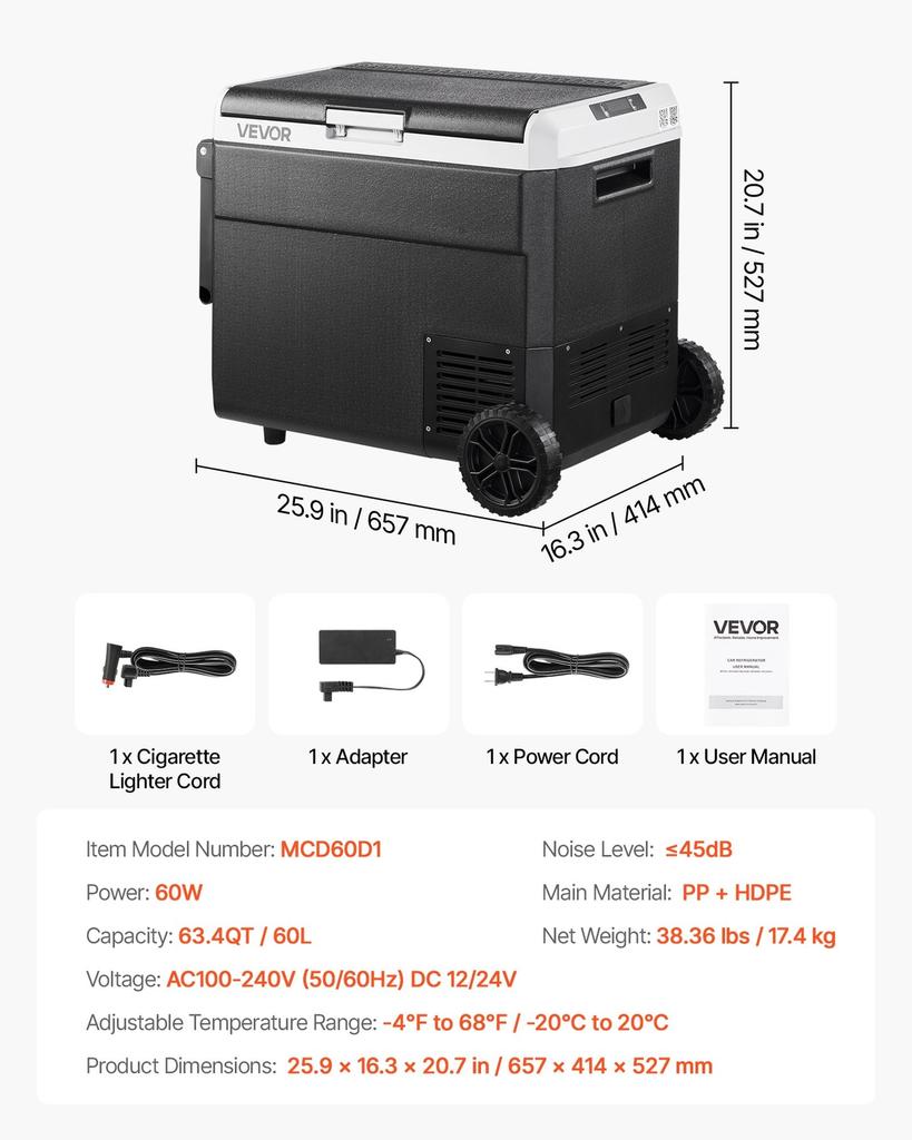 12 Volt Car Refrigerator, 60L Car Fridge, Portable Electric Cooler with Wheels and Handle, -20 to 20, 12/24V DC and 100- 240V AC Compressor Freezer