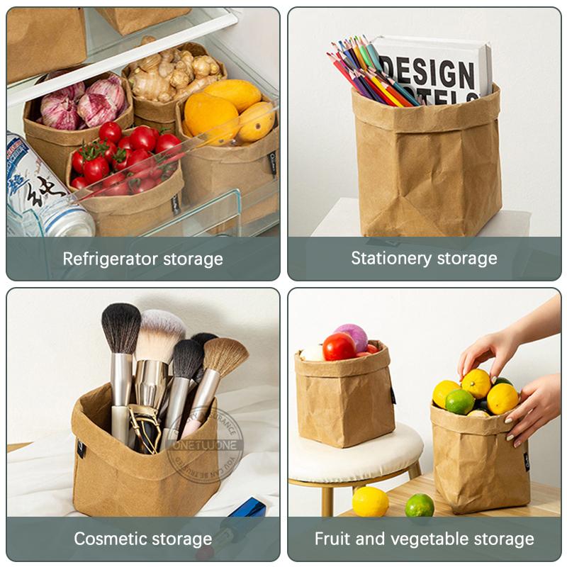1/4pcs Kraft Paper Bag Reusable Grocery Bags For Fruits  Washable Paper Storage Bags Vegetable Plants Flowers Bread Packing