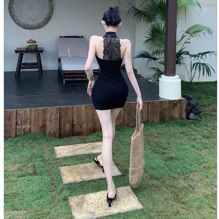 Summer New Sexy Slim-fitting Black Lace Off-the-shoulder Dress for Women's Pure Desire and Thin Hip-wrapped Short Skirt Tide