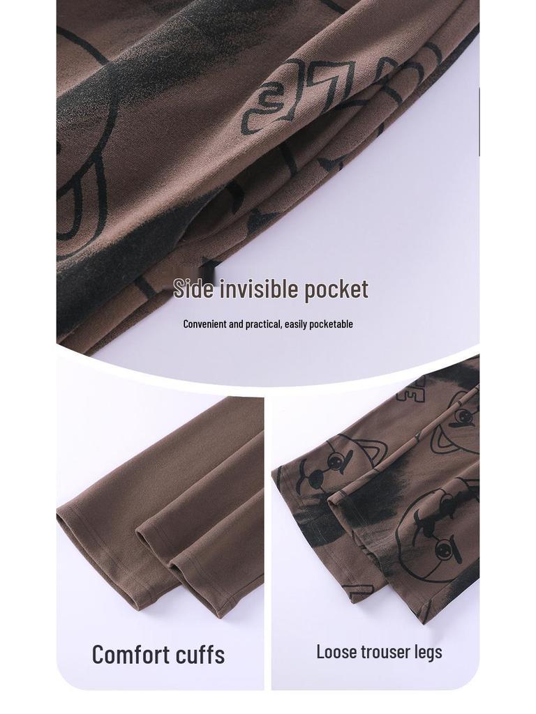 Men's Warm Velvet Pajamas - Casual Long-Sleeve Cartoon Print, Autumn/Winter, Loose Fit, Round Neck, Suitable for Teenagers and Children.