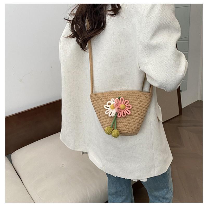 Cotton Rope Woven Bag Cute Flower Shoulder Ins Bucket Women's Beach Cross-body