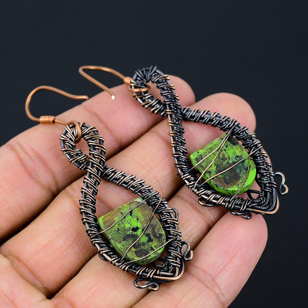 Copper Green Turquoise Handmade Copper Wire Wrap Earring 2.8 M7p61