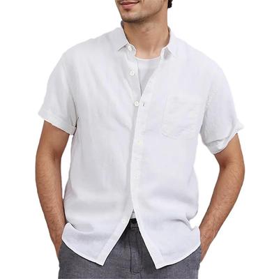 Summer New Men's Turn Dowen Collar Shirt Solid Color Cotton Linen Lightweight Breathable Casual Short Sleeve Shirts