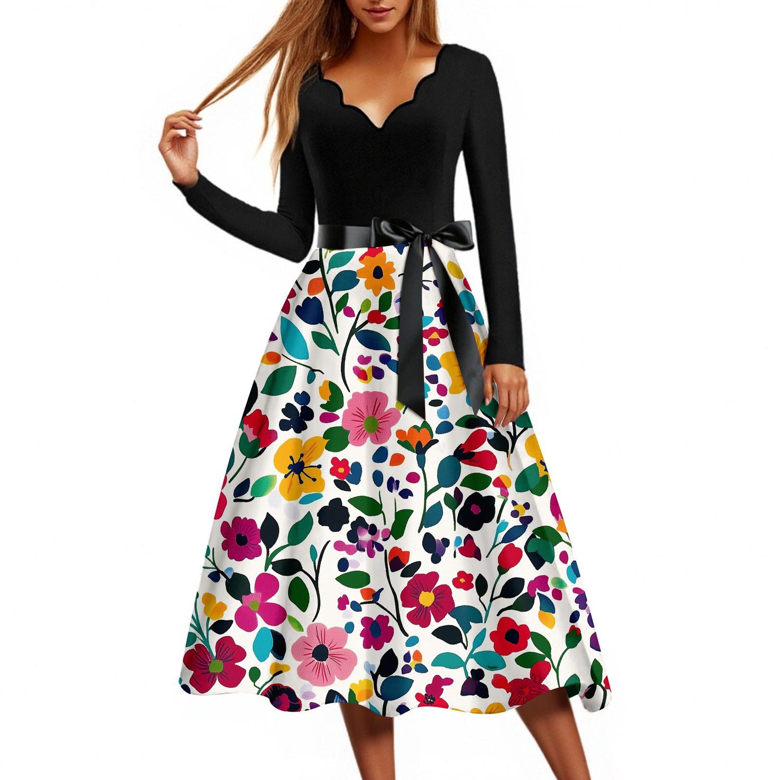 Women s Casual Fashion Floral Print V Neck Vintage Dress XL