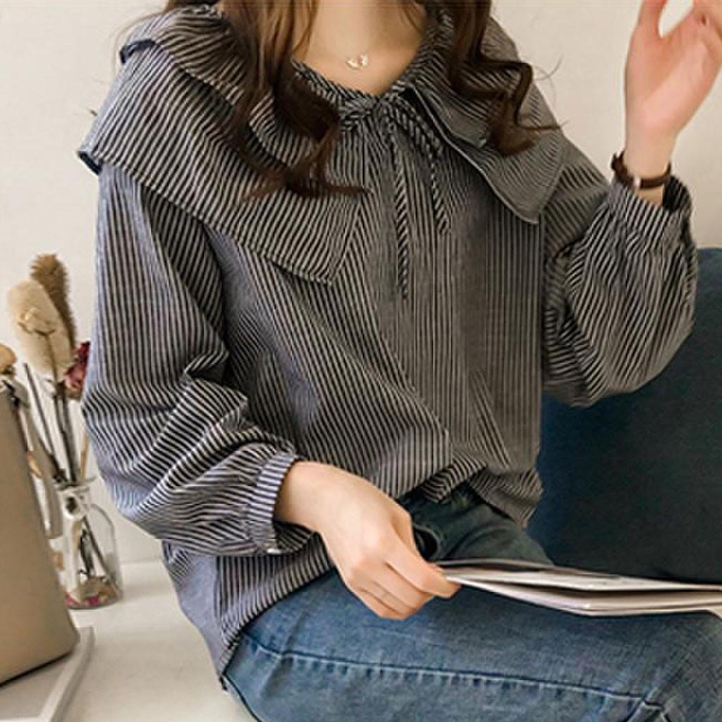 Fashion Women Casual Striped Ladies Long Sleeve Ruffles Loose Tops