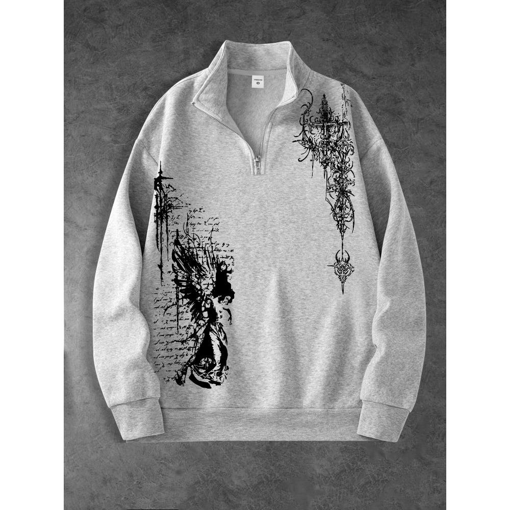 Gothic Printed Zipper Stand Up Collar Shirt, Fashionable Streetwear Zipper Sweatshirt Is an Ideal Choice for Matching Fashionable Clothing