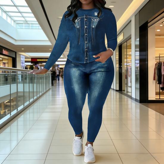 Dam 2-delade Outfits med Falskt Denimtryck Långärmade Toppar Bodycon Leggings Byxset Sexiga Festkläder Träningsdräkt