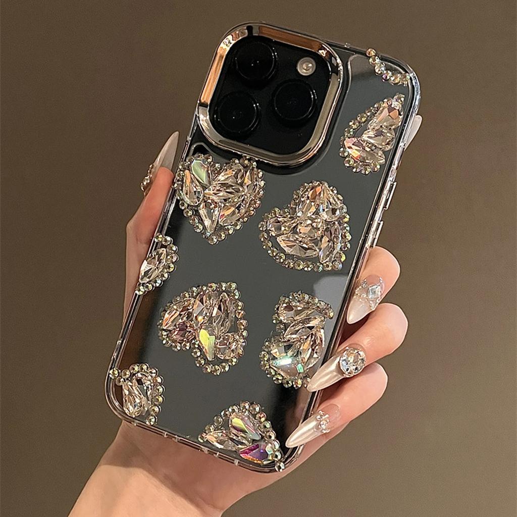 Mirror Love Phone Case for IPhone 16 Pro 15 Plus 14 13 12 11 Pro Max Fashion Rhinestone Phone Case Protective Jacket